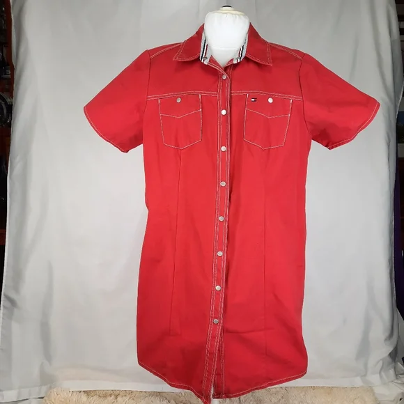 Tommy Hilfiger | Dresses | Tommy Hilfiger Woman Denim Shirt Dress Red  Cotton Snap Womens 8 Short Sleeve | Poshmark